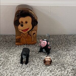 Wooden Monkey puzzle box and Figurine Set